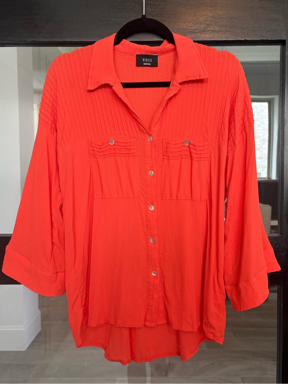 VICI Orange Button Front Blouse Roll Tab Sleeve Textured Boho Top Work Vacation